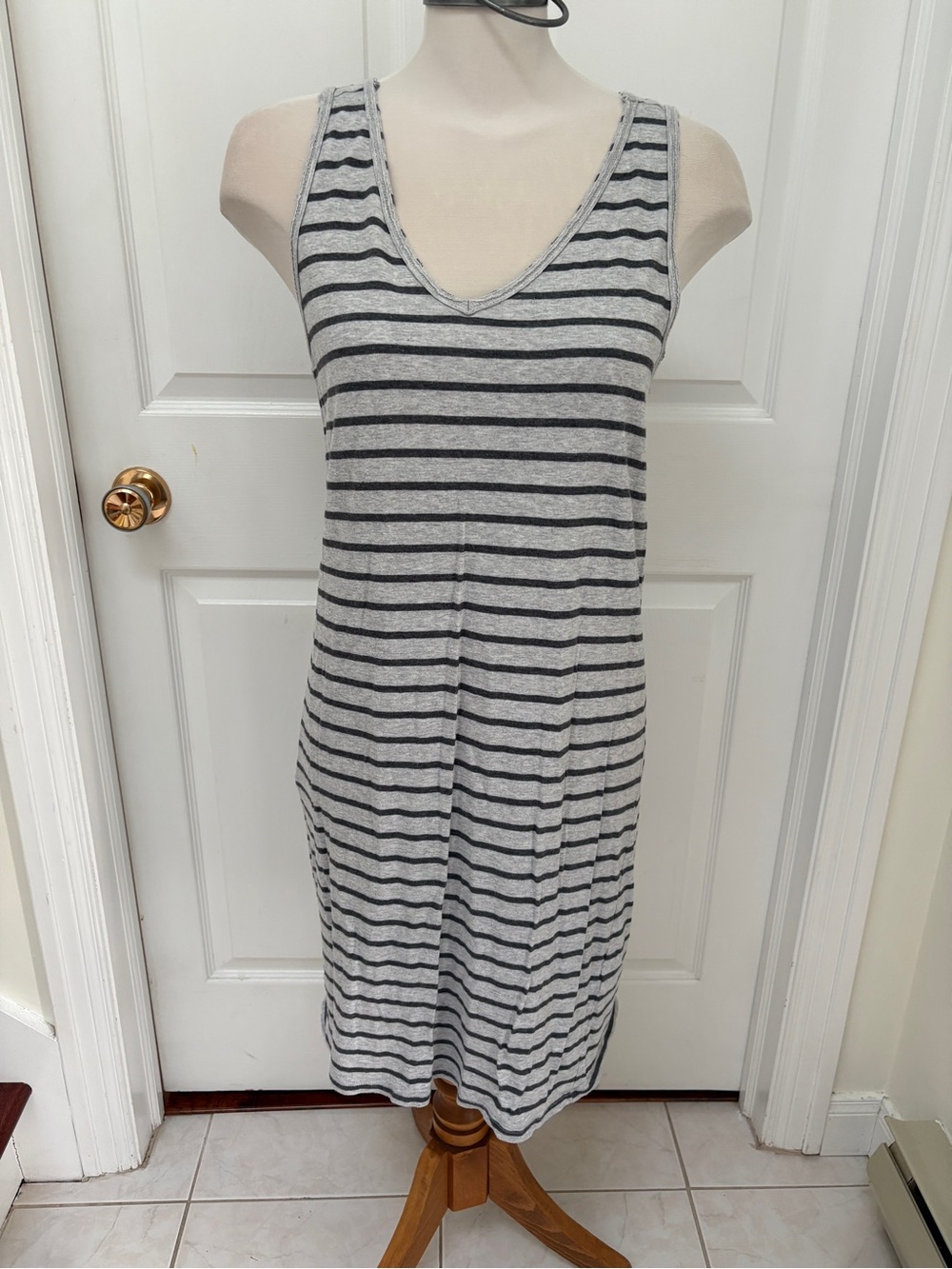 Joe Fresh Gray & Black Striped V-Neck Midi Dress